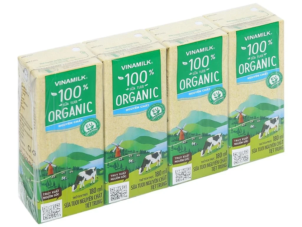 Lốc 4 hộp sữa tươi tiệt trùng không đường 100% Organic Vinamilk 180ml